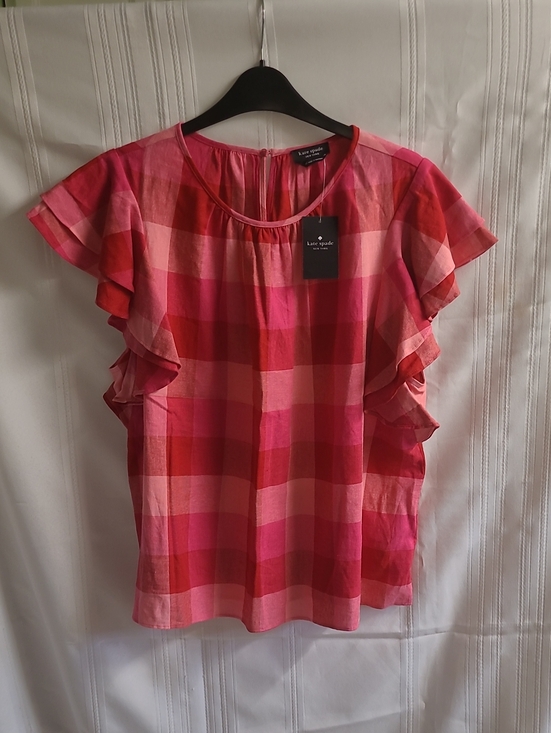 kate spade Tops - KATE SPADE Red and Pink Plaid Ruffle Sleeve Blouse - Size XL - NWT